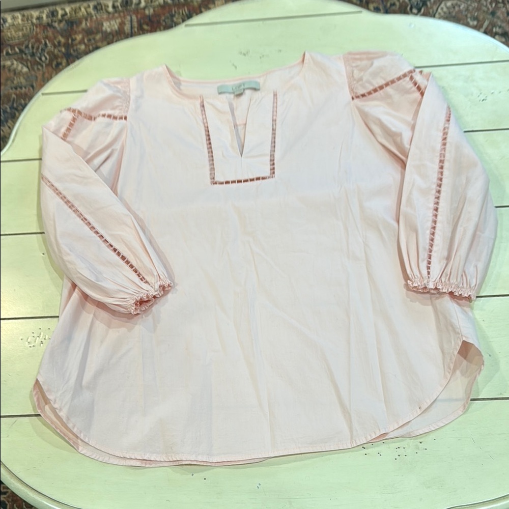 LOFT Pink Ruffled 3/4 Sleeve Blouse with Bib Collar